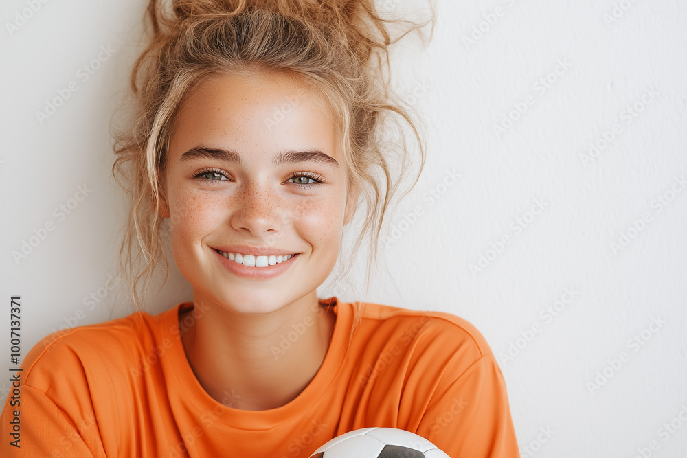 Smiling Young Female Soccer Player in Orange Jersey Holding Soccer Ball, Indoor Portrait on White Background Smiling Young Female Soccer Player in Orange Jersey Holding Soccer Ball, Indoor Portrait on White Background