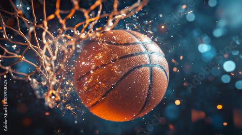A basketball dramatically shredding a net as it goes through with a score. Abstract Power basket