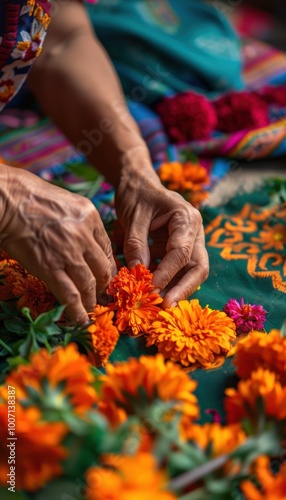 Close-Up of Hands Weaving Cempasuchil Flowers for Dia de los Muertos Altar - Traditional Mexican Craft