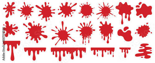 Halloween blood splashes and spots. Bleeding splatter and bloodstain silhouettes. Red paint dripping. Horror decorative elements. Vector illustration in flat style on white background.