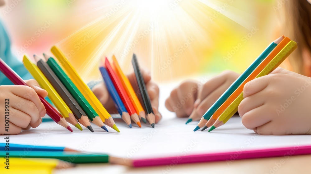 Children working together on a creative project, using colored pencils and paper in a vibrant, engaging classroom environment. Children working together on a creative project, using colored pencils and paper in a vibrant, engaging classroom environment.
