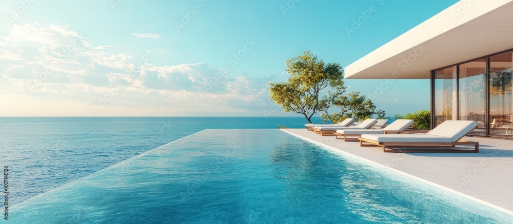 Fototapeta premium Modern villa with infinity pool overlooking the ocean.