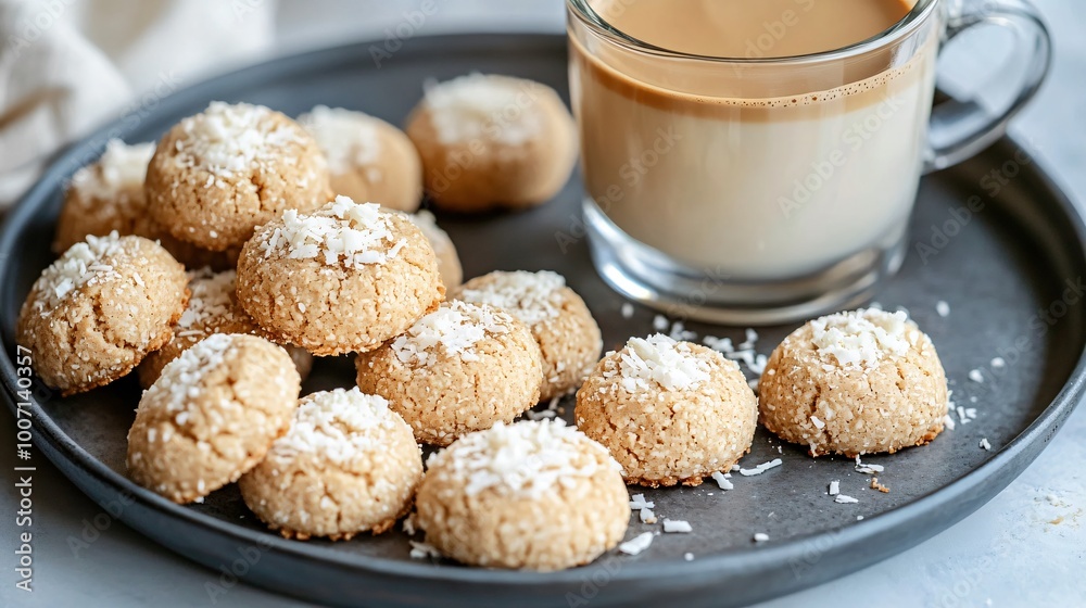 A keto dessert tray featuring almond flour cookies, coconut fat bombs, and a small glass of bulletproof coffee A keto dessert tray featuring almond flour cookies, coconut fat bombs, and a small glass of bulletproof coffee