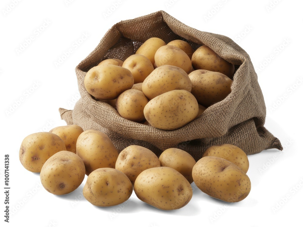 Ripe potatoes in burlap bag on isolated white background Ripe potatoes in burlap bag on isolated white background