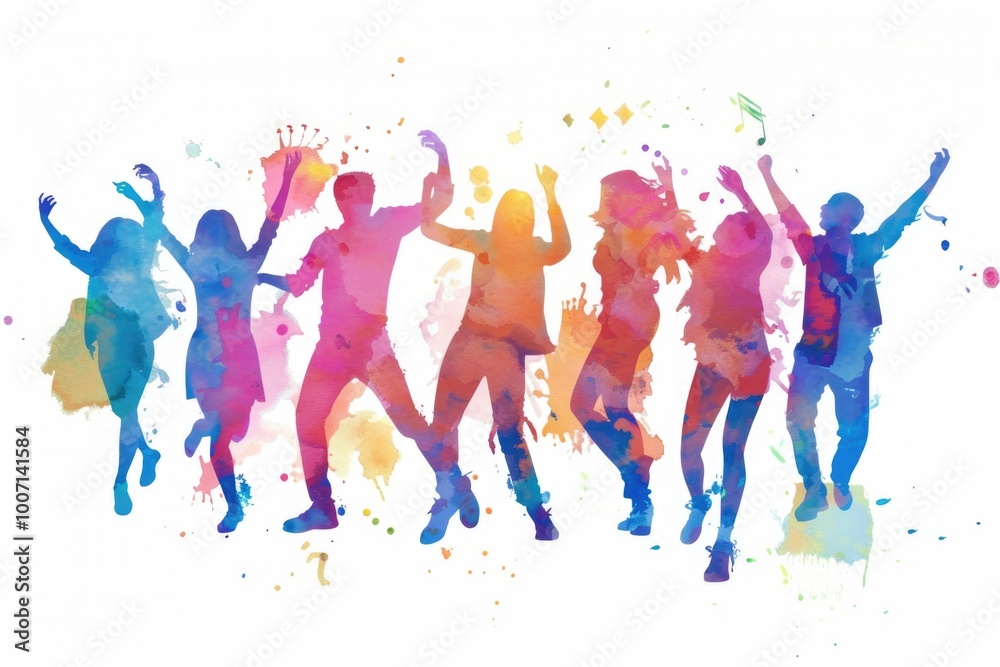 Group of people dancing together on a white background, suitable for use in promotional materials or event advertising Group of people dancing together on a white background, suitable for use in promotional materials or event advertising