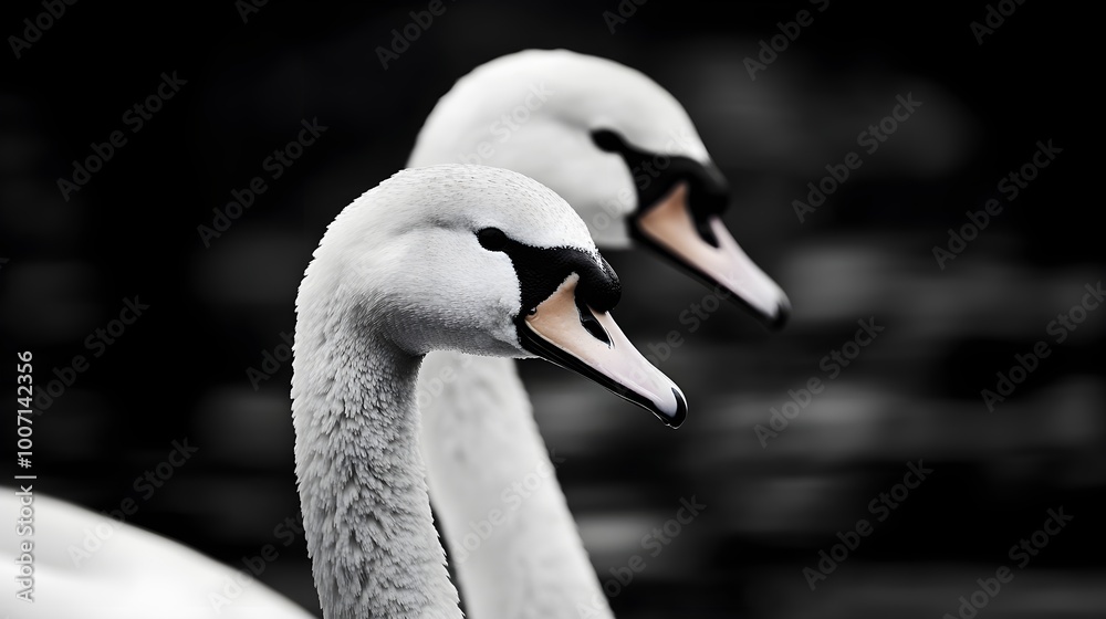 Fototapeta premium Black and White Close-Up Portrait of Two Elegant Swans with Soft Focus