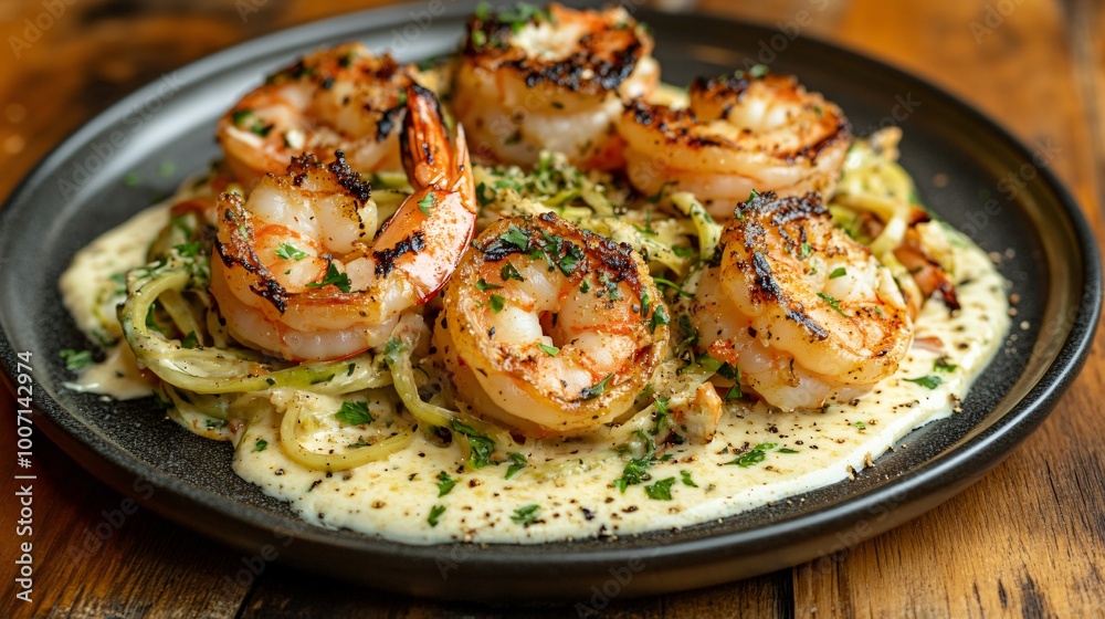 A plate of keto-friendly zoodles with creamy Alfredo sauce and grilled shrimp, plated on a rustic wooden table
