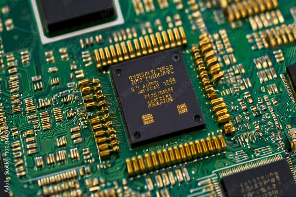 A close up of a circuit board with a black chip on it A close up of a circuit board with a black chip on it