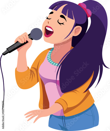 Young woman singing with a microphone
