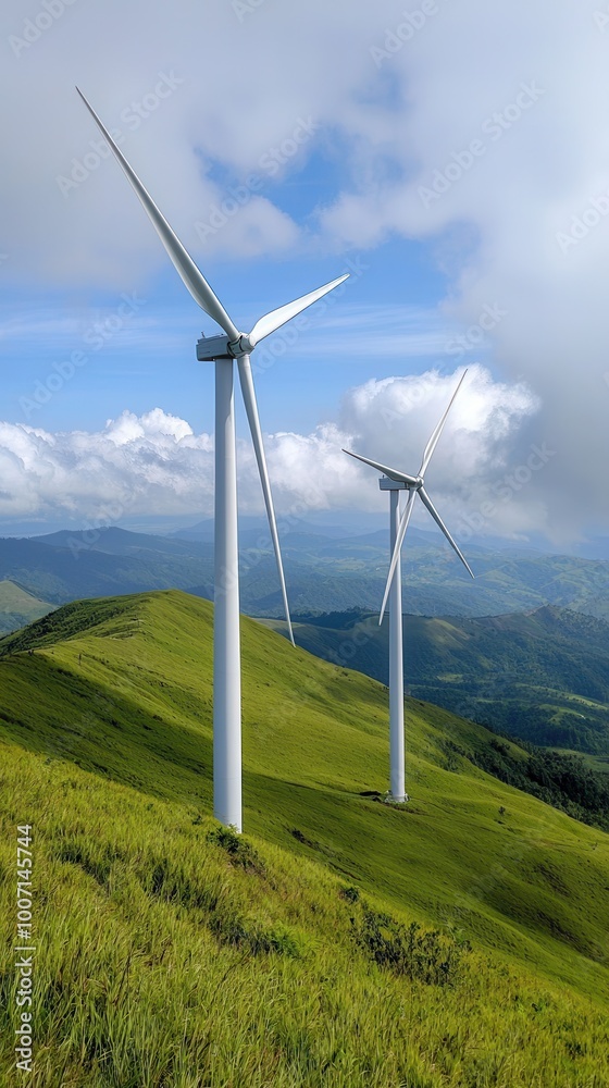 Two wind turbines stand on a green hillside under a cloudy sky, representing renewable energy and clean technology in a picturesque landscape. Two wind turbines stand on a green hillside under a cloudy sky, representing renewable energy and clean technology in a picturesque landscape.