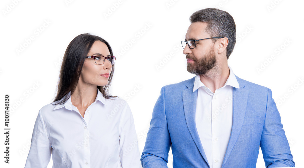 Businesspeople represent leadership. Business vision and success. Vision of success. Successful partnership of businesspeople in suit. Business man and woman look in glasses. Look into future Businesspeople represent leadership. Business vision and success. Vision of success. Successful partnership of businesspeople in suit. Business man and woman look in glasses. Look into future