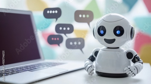 Wallpaper Mural Small AI assistant chatbot stands next to a laptop and waits for prompts to help with work Torontodigital.ca