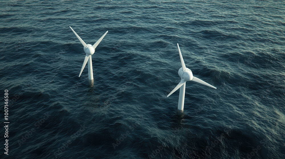 Fototapeta premium Two sleek wind turbines stand tall in the shimmering ocean, capturing renewable energy amidst gentle waves and a clear sky.