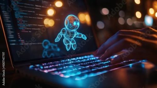 Small, neon-colored AI smart chatbot is an assistant for working on a laptop