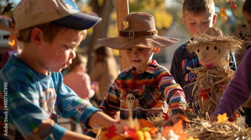 Fototapeta Naklejka Na Ścianę i Meble -  Children Crafting Colorful Scarecrows at Harvest Festival Craft Station for Autumn Celebration