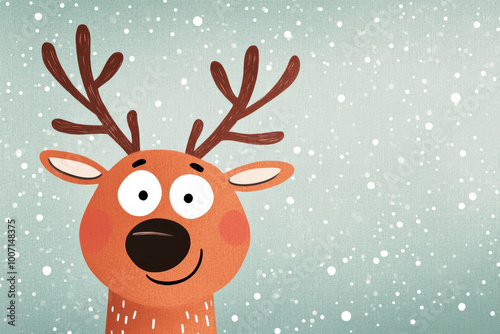 Cute reindeer illustration with antlers and snow falling in the background, festive holiday design