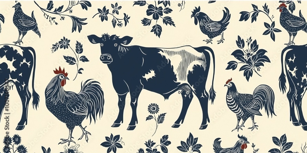 A blue and white patterned background with a cow and a chicken. The cow is in the middle of the background and the chicken is on the left side A blue and white patterned background with a cow and a chicken. The cow is in the middle of the background and the chicken is on the left side
