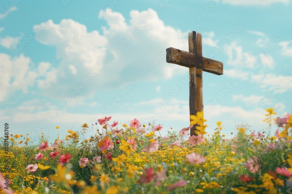 A wooden cross surrounded by colorful flowers in a natural setting A wooden cross surrounded by colorful flowers in a natural setting