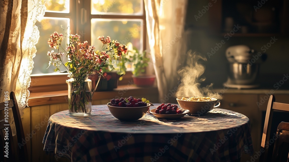 breakfast nook featuring a small round table set for two breakfast nook featuring a small round table set for two