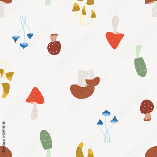 Seamless vector pattern with forest colorful wild mushroom. Hand drawn fabric print for textile