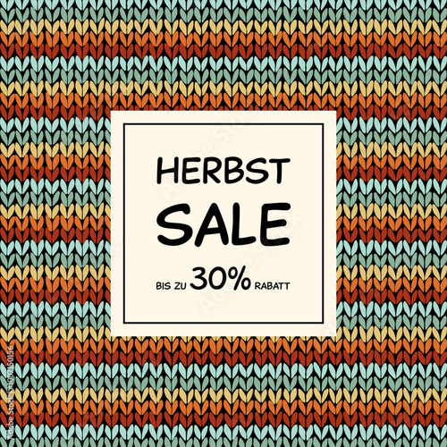 Herbst Sale bis zu 30% Rabatt - Schriftzug in deutscher Sprache. Quadratisches Poster mit einem gestreiften Strickmuster.
