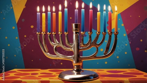 Hanukkah menorah in a pop art style, with bold colors, comic book-style lines