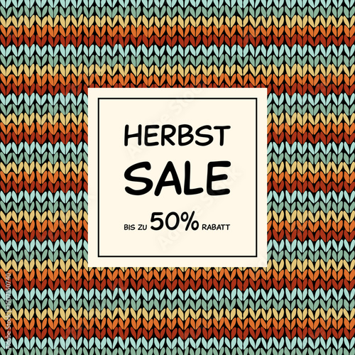 Herbst Sale bis zu 50% Rabatt - Schriftzug in deutscher Sprache. Quadratisches Poster mit einem gestreiften Strickmuster.