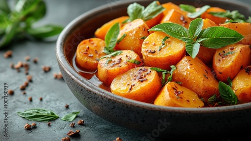 Closeup of Roasted Potatoes with Basil and Spices in a Bowl