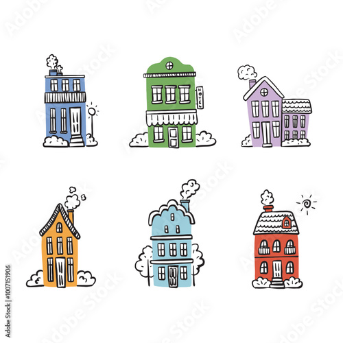 Set of different cute houses. Hand drawn flat vector illustration, isolated elements. Concept for textile patter, nursery design, map design, childish