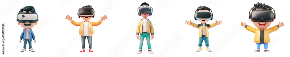 asian man mascot using VR, 3D cartoon illustration, isolated on transparent background, cute animated style, beautiful colors, generative ai