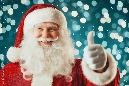 Close up happy Santa Claus in traditional red suit thumbs up on light background with bokeh
