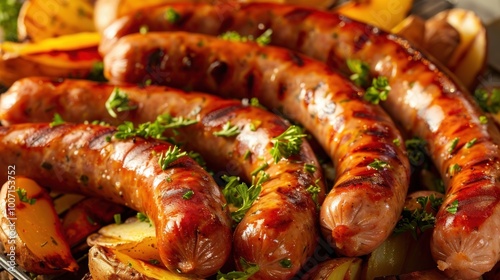 A plate of sausages with parsley and potatoes. Octoberfest celebration, tradition, beer, festival, culture, joy, Germany, gathering, music, heritage, food concept