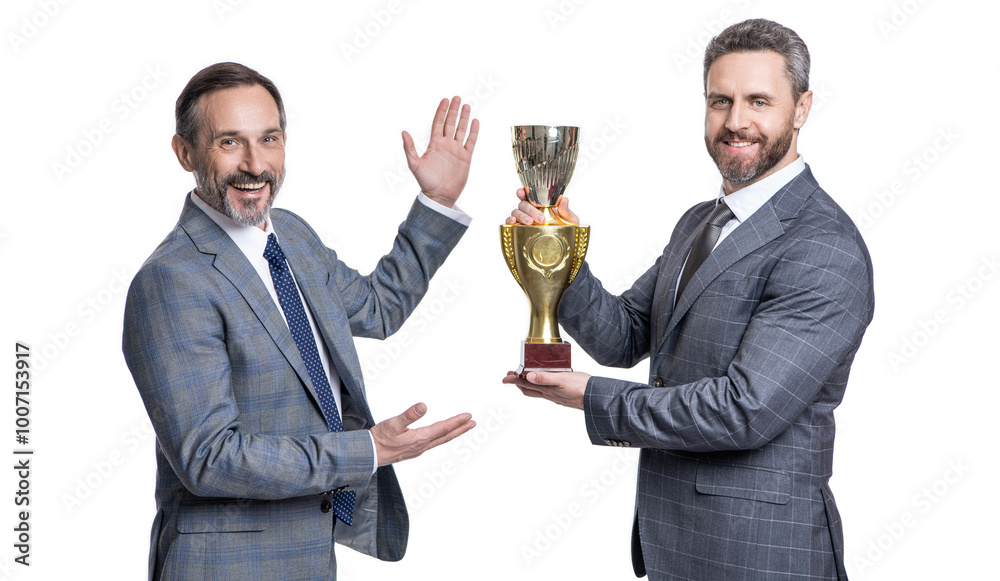 businessman rewarded for success. business success and reward. businessman in suit isolated on white. champion cup reward. successful leadership of business man. champion. mutual growth businessman rewarded for success. business success and reward. businessman in suit isolated on white. champion cup reward. successful leadership of business man. champion. mutual growth