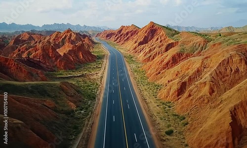 aerial drone photo of red mountain road in summer season. photo