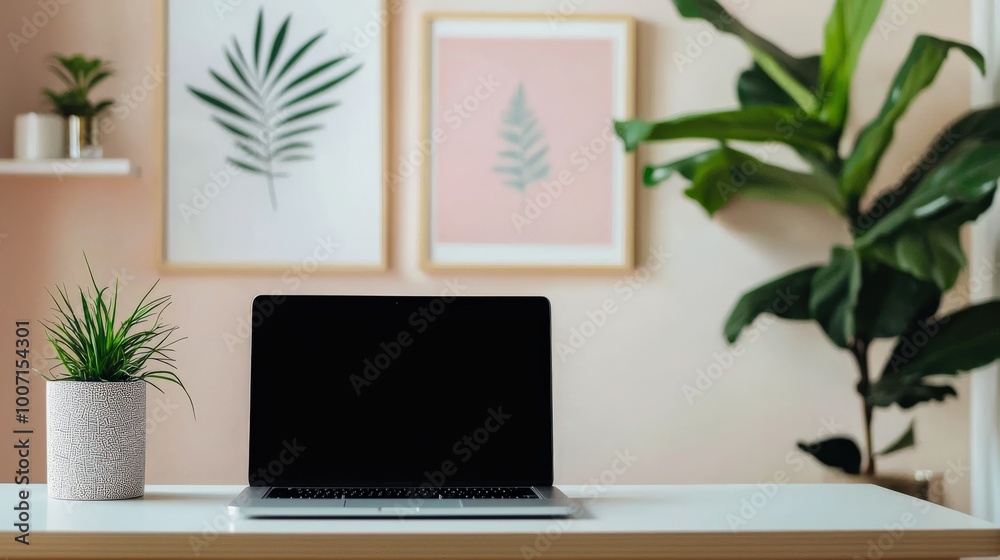 A minimalist desk setup featuring a sleek laptop, a potted plant, and soft lighting. This clean and organized workspace creates a calming atmosphere ideal for productivity and creativity