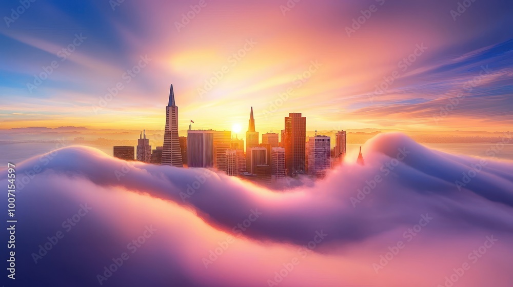 Fototapeta premium Early morning San Francisco skyline with the city's famous landmarks bathed in soft sunlight, and a layer of fog rolling in from the bay.