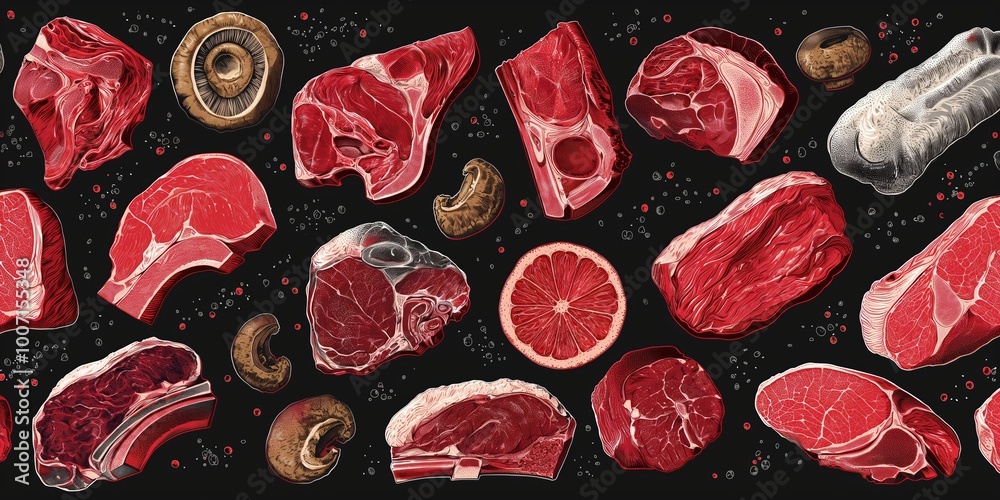 Detailed drawing showcasing various cuts of meat including steak, ribs, and sausage, alongside mushrooms and a grapefruit, arranged on a black background. Detailed drawing showcasing various cuts of meat including steak, ribs, and sausage, alongside mushrooms and a grapefruit, arranged on a black background.