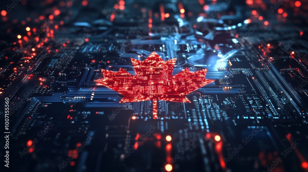 Canadian Maple Leaf Lights Up on Electronic Chip Board Canadian Maple Leaf Lights Up on Electronic Chip Board