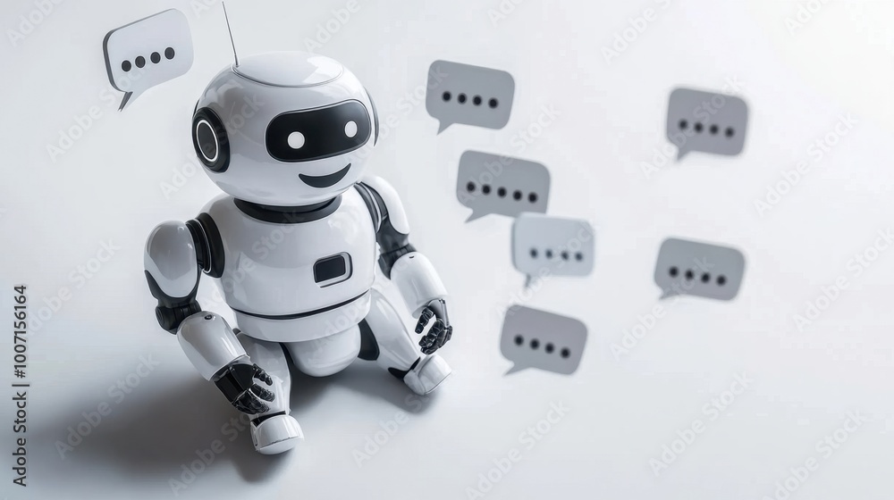 Chatbot assistant AI among bubble speech waits for prompts to help with work Chatbot assistant AI among bubble speech waits for prompts to help with work