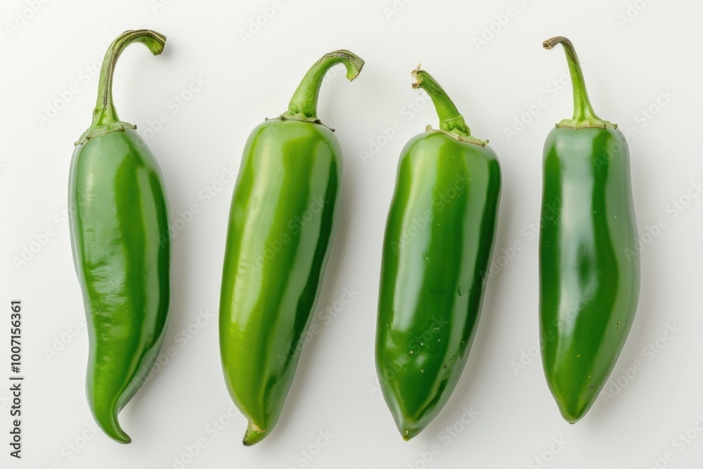 Fresh green peppers arranged neatly on a clean white surface, ideal for food photography or still life compositions Fresh green peppers arranged neatly on a clean white surface, ideal for food photography or still life compositions