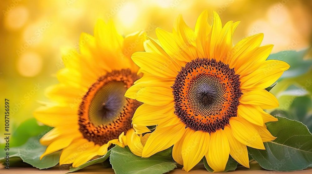 Fototapeta premium Sunflower flower close up. Floral abstract background. Blooming agricultural plant in the field. Illustration for cover, card, postcard, interior design, decor or print.