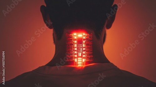 Chip as an implant on the neck, a vision of the cybernetic future of the human species photo