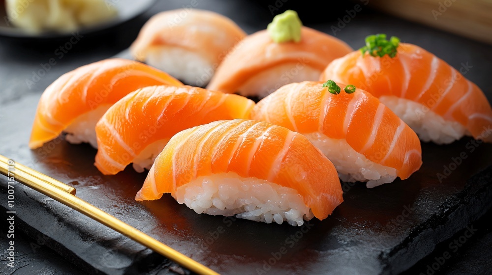 A beautifully arranged sushi platter with fresh salmon nigiri, placed against a dark, glossy ceramic plate with golden chopsticks A beautifully arranged sushi platter with fresh salmon nigiri, placed against a dark, glossy ceramic plate with golden chopsticks