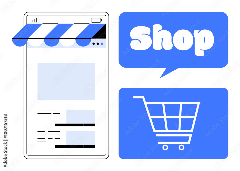 Mobile device screen displaying an online shopping page under an awning, Shop in a speech bubble, and a shopping cart icon. Ideal for e-commerce, digital marketing, online store design, retail Mobile device screen displaying an online shopping page under an awning, Shop in a speech bubble, and a shopping cart icon. Ideal for e-commerce, digital marketing, online store design, retail
