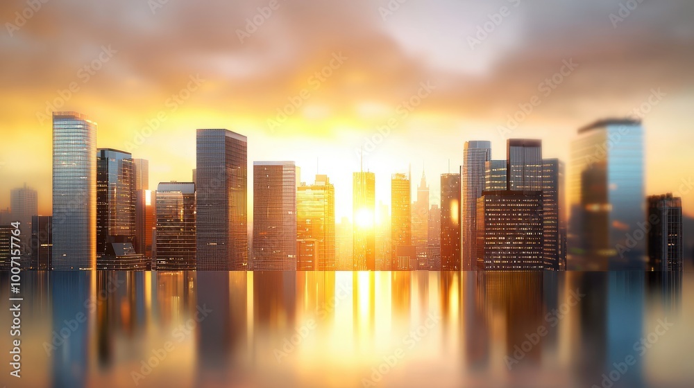Obraz premium Evening city skyline with golden sunset hues, reflected on glass skyscrapers and casting a warm glow over the urban landscape