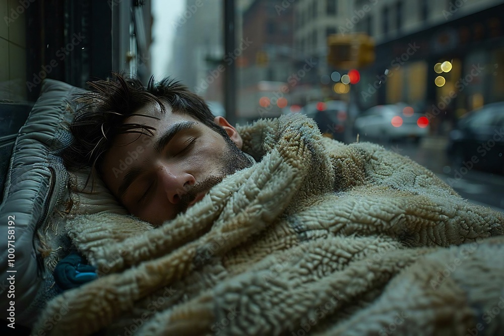 photo capturing the vulnerability and despair of a homeless man covered with a blanket, sleeping on the cold city streets. photo capturing the vulnerability and despair of a homeless man covered with a blanket, sleeping on the cold city streets.