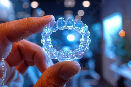 close-up photo of a man's hand holding a transparent aligner, emphasizing the importance of dental health and orthodontic treatment for bruxism.