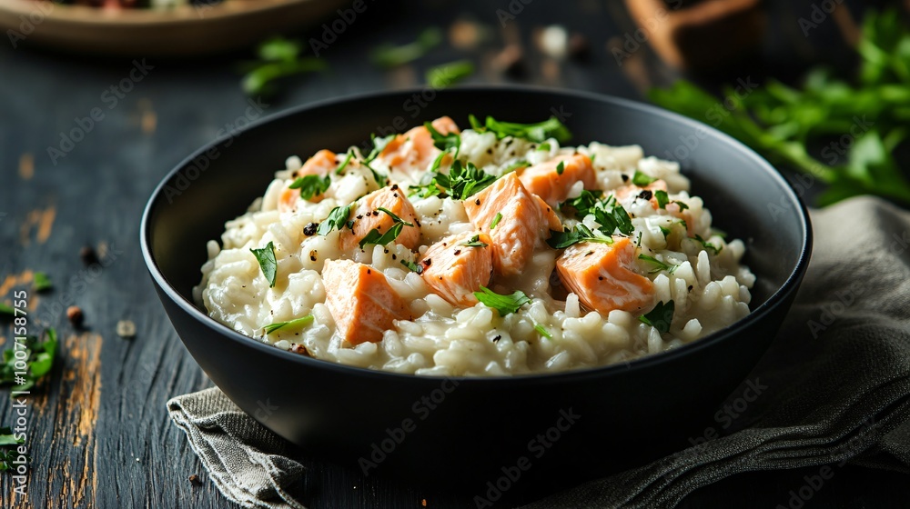 A warm salmon risotto served in a black bowl, garnished with fresh herbs, and styled against a dark rustic wood background A warm salmon risotto served in a black bowl, garnished with fresh herbs, and styled against a dark rustic wood background