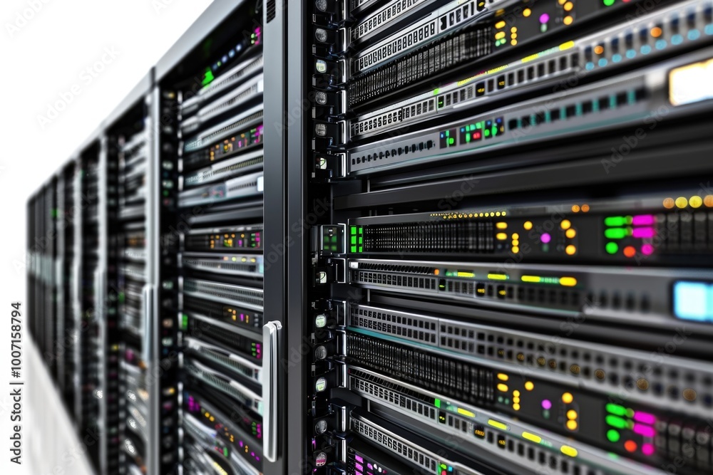 Row of servers in a data center with rows of equipment and network cables Row of servers in a data center with rows of equipment and network cables