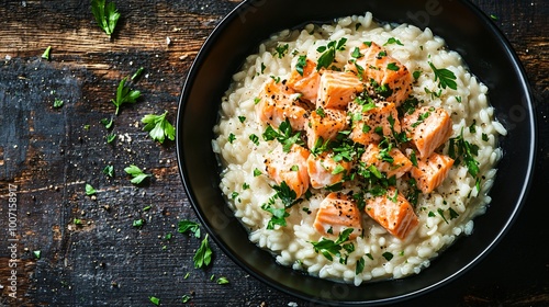 A warm salmon risotto served in a black bowl, garnished with fresh herbs, and styled against a dark rustic wood background